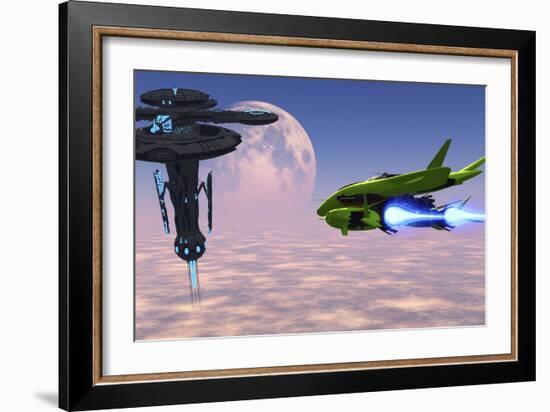 A Shuttle Delivers Supplies to a Space Station-Stocktrek Images-Framed Art Print