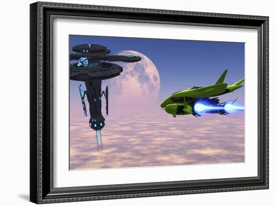 A Shuttle Delivers Supplies to a Space Station-Stocktrek Images-Framed Art Print