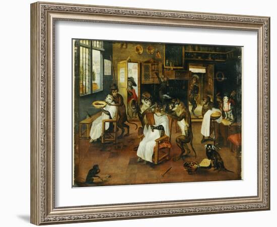 A Singerie: Monkey Barbers Serving Cats-Jan Van, The Elder Kessel-Framed Giclee Print