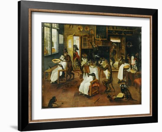 A Singerie: Monkey Barbers Serving Cats-Jan Van Kessel-Framed Giclee Print