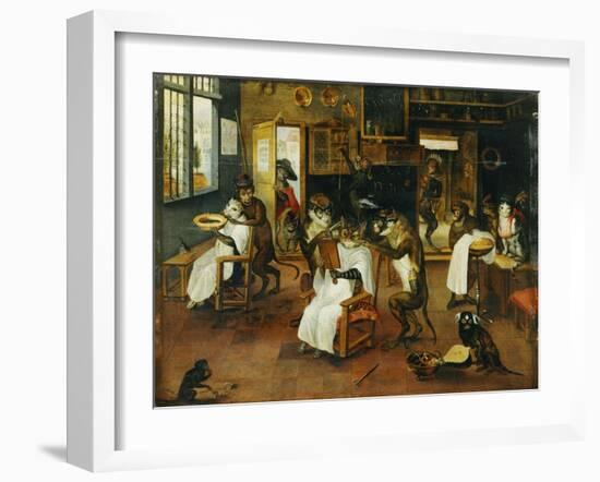 A Singerie: Monkey Barbers Serving Cats-Jan Van Kessel-Framed Giclee Print