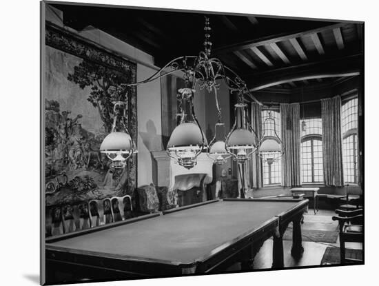 A Six-Lamped Brass Chandelier Hanging over the Pool Table in the Billard Room-null-Mounted Photographic Print