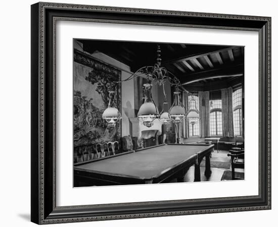 A Six-Lamped Brass Chandelier Hanging over the Pool Table in the Billard Room-null-Framed Photographic Print