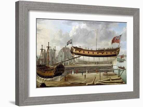 A Sixth-Rate Ship (Sixth Rate), a British Royal Navy Warship, in Dry Dock, the Shipyard is Probably-John the Elder Cleveley-Framed Giclee Print