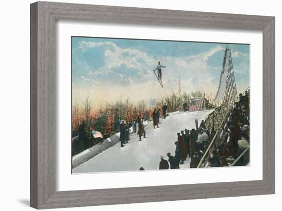 A Ski Tournament Jump, Skier Making 132 ft - Duluth, MN-Lantern Press-Framed Premium Giclee Print