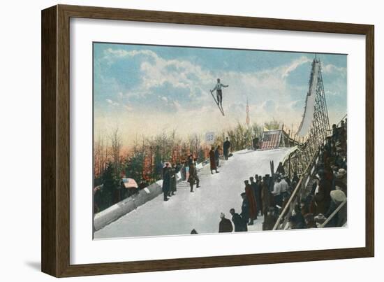 A Ski Tournament Jump, Skier Making 132 ft - Duluth, MN-Lantern Press-Framed Premium Giclee Print