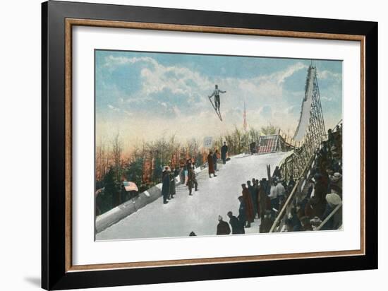 A Ski Tournament Jump, Skier Making 132 ft - Duluth, MN-Lantern Press-Framed Premium Giclee Print