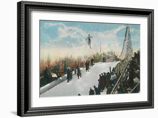 A Ski Tournament Jump, Skier Making 132 ft - Duluth, MN-Lantern Press-Framed Premium Giclee Print