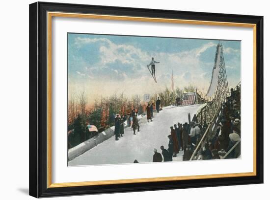 A Ski Tournament Jump, Skier Making 132 ft - Duluth, MN-Lantern Press-Framed Premium Giclee Print