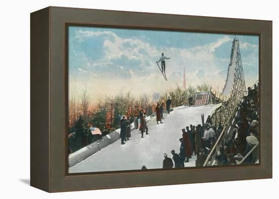 A Ski Tournament Jump, Skier Making 132 ft - Duluth, MN-Lantern Press-Framed Stretched Canvas