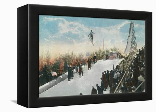 A Ski Tournament Jump, Skier Making 132 ft - Duluth, MN-Lantern Press-Framed Stretched Canvas