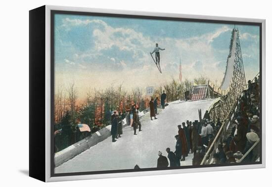 A Ski Tournament Jump, Skier Making 132 ft - Duluth, MN-Lantern Press-Framed Stretched Canvas