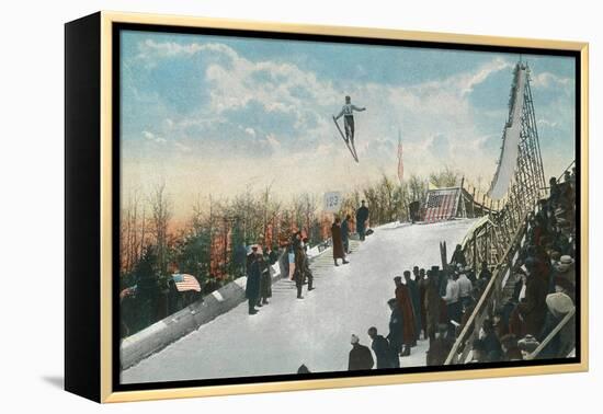 A Ski Tournament Jump, Skier Making 132 ft - Duluth, MN-Lantern Press-Framed Stretched Canvas