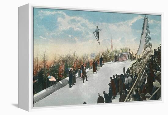 A Ski Tournament Jump, Skier Making 132 ft - Duluth, MN-Lantern Press-Framed Stretched Canvas