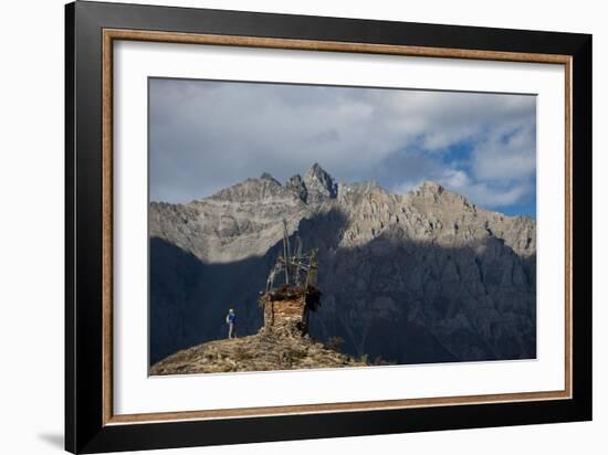 A small chorten with prayer flags marks top of a hill near Ringmo, Dolpa region, Himalayas, Nepal-Alex Treadway-Framed Photographic Print