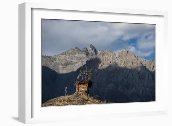 A small chorten with prayer flags marks top of a hill near Ringmo, Dolpa region, Himalayas, Nepal-Alex Treadway-Framed Photographic Print