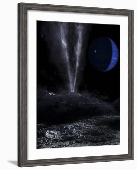 A Small Geyser on the Surface of Triton, with Neptune in the Background-Stocktrek Images-Framed Photographic Print