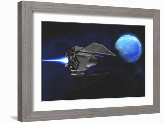 A Small Spacecraft from Earth Reaches a Water Planet after Many Light Years-null-Framed Art Print