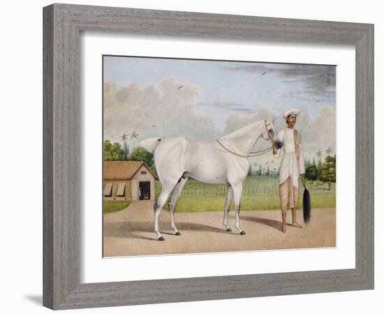 A Small White Stallion Standing with a Groom Holding a Chauri-Shaikh Muhammad Amir Of Karraya-Framed Giclee Print