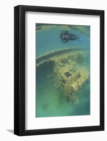 A Snorkeler Swims Above a Shipwreck in Palau's Inner Lagoon-Stocktrek Images-Framed Photographic Print