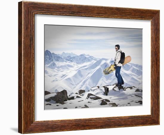 A Snowboarder at the Summit of Mount Affawat in Gulmarg, Kashmir, India-Julian Love-Framed Photographic Print