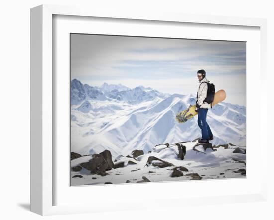 A Snowboarder at the Summit of Mount Affawat in Gulmarg, Kashmir, India-Julian Love-Framed Photographic Print