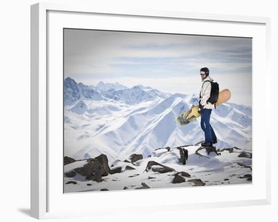 A Snowboarder at the Summit of Mount Affawat in Gulmarg, Kashmir, India-Julian Love-Framed Photographic Print