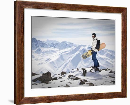 A Snowboarder at the Summit of Mount Affawat in Gulmarg, Kashmir, India-Julian Love-Framed Photographic Print