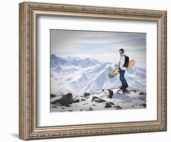 A Snowboarder at the Summit of Mount Affawat in Gulmarg, Kashmir, India-Julian Love-Framed Photographic Print