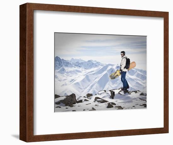 A Snowboarder at the Summit of Mount Affawat in Gulmarg, Kashmir, India-Julian Love-Framed Photographic Print