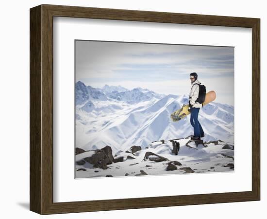 A Snowboarder at the Summit of Mount Affawat in Gulmarg, Kashmir, India-Julian Love-Framed Photographic Print