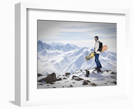 A Snowboarder at the Summit of Mount Affawat in Gulmarg, Kashmir, India-Julian Love-Framed Photographic Print