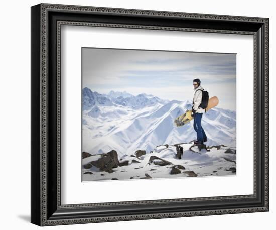 A Snowboarder at the Summit of Mount Affawat in Gulmarg, Kashmir, India-Julian Love-Framed Photographic Print