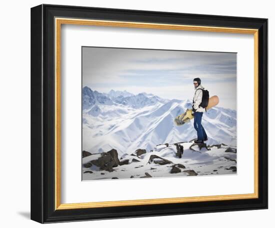 A Snowboarder at the Summit of Mount Affawat in Gulmarg, Kashmir, India-Julian Love-Framed Photographic Print