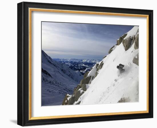 A Snowboarder Tackles a Challenging Off Piste Descent on Mont Blanc, Chamonix, Haute Savoie, French-David Pickford-Framed Photographic Print