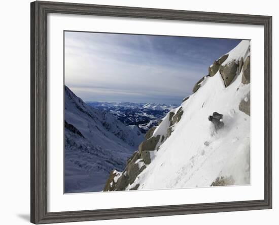 A Snowboarder Tackles a Challenging Off Piste Descent on Mont Blanc, Chamonix, Haute Savoie, French-David Pickford-Framed Photographic Print