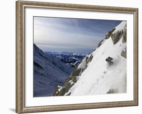 A Snowboarder Tackles a Challenging Off Piste Descent on Mont Blanc, Chamonix, Haute Savoie, French-David Pickford-Framed Photographic Print