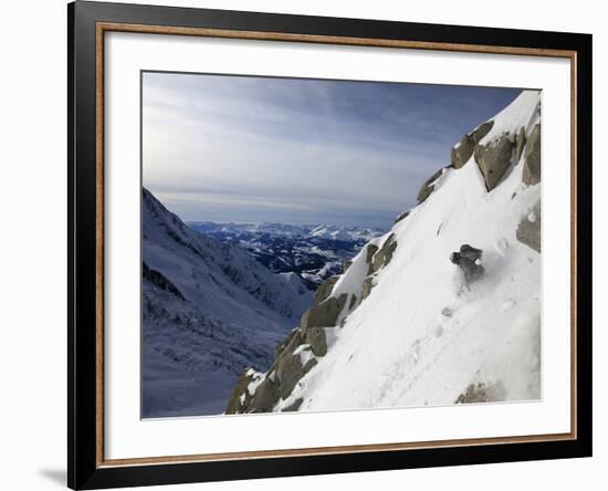 A Snowboarder Tackles a Challenging Off Piste Descent on Mont Blanc, Chamonix, Haute Savoie, French-David Pickford-Framed Photographic Print