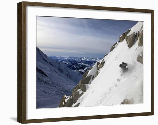 A Snowboarder Tackles a Challenging Off Piste Descent on Mont Blanc, Chamonix, Haute Savoie, French-David Pickford-Framed Photographic Print