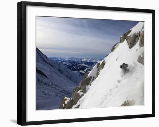 A Snowboarder Tackles a Challenging Off Piste Descent on Mont Blanc, Chamonix, Haute Savoie, French-David Pickford-Framed Photographic Print