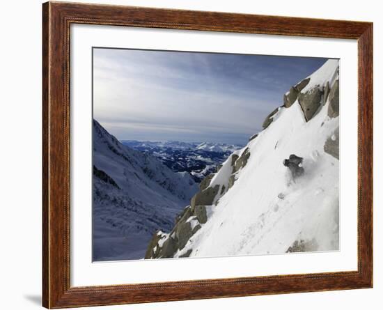 A Snowboarder Tackles a Challenging Off Piste Descent on Mont Blanc, Chamonix, Haute Savoie, French-David Pickford-Framed Photographic Print