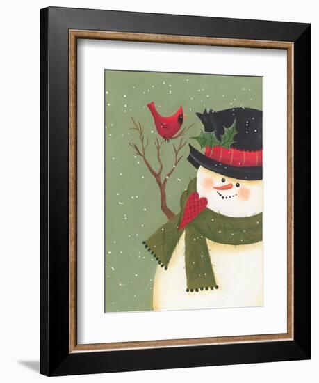 A Snowman with a Cardinal Perched on His Arm-Beverly Johnston-Framed Giclee Print