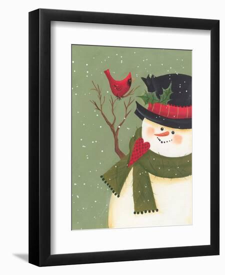 A Snowman with a Cardinal Perched on His Arm-Beverly Johnston-Framed Giclee Print