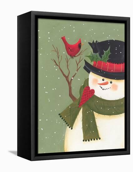 A Snowman with a Cardinal Perched on His Arm-Beverly Johnston-Framed Premier Image Canvas