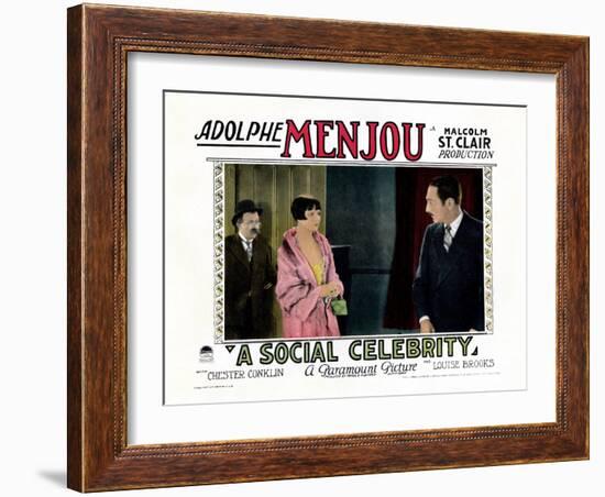 A Social Celebrity, from Left: Chester Conklin, Louise Brooks, Adolphe Menjou, 1926-null-Framed Art Print