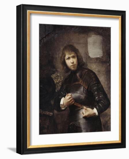 A Soldier, Standing Three-Quarter Length, Buckling His Belt-Willem Drost-Framed Giclee Print