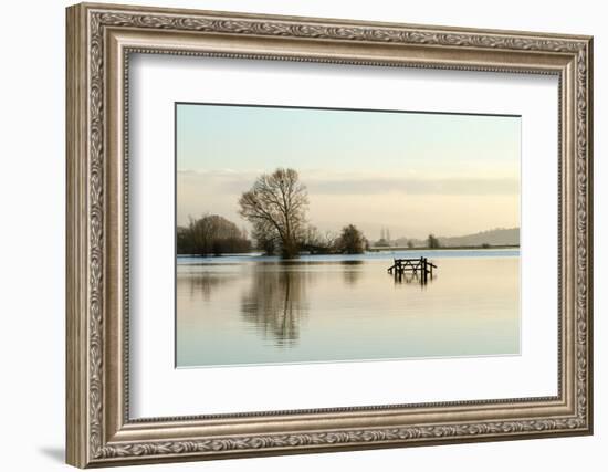 A Solitary Gate in Calm Flood-Waters in Farmland on West Sedgemoor, Near Stoke St Gregory-John Waters-Framed Photographic Print