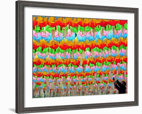 A South Korean Worker Decorates Lanterns to Celebrate Buddha's Upcoming Birthday-null-Framed Photographic Print