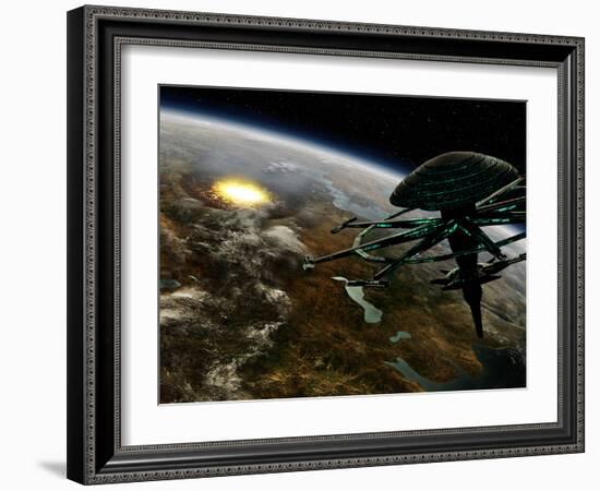 A Space Station Orbits a Terrestrial Planet That Has Been Hit by an Asteroid-Stocktrek Images-Framed Photographic Print