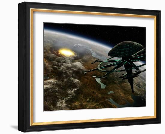 A Space Station Orbits a Terrestrial Planet That Has Been Hit by an Asteroid-Stocktrek Images-Framed Photographic Print